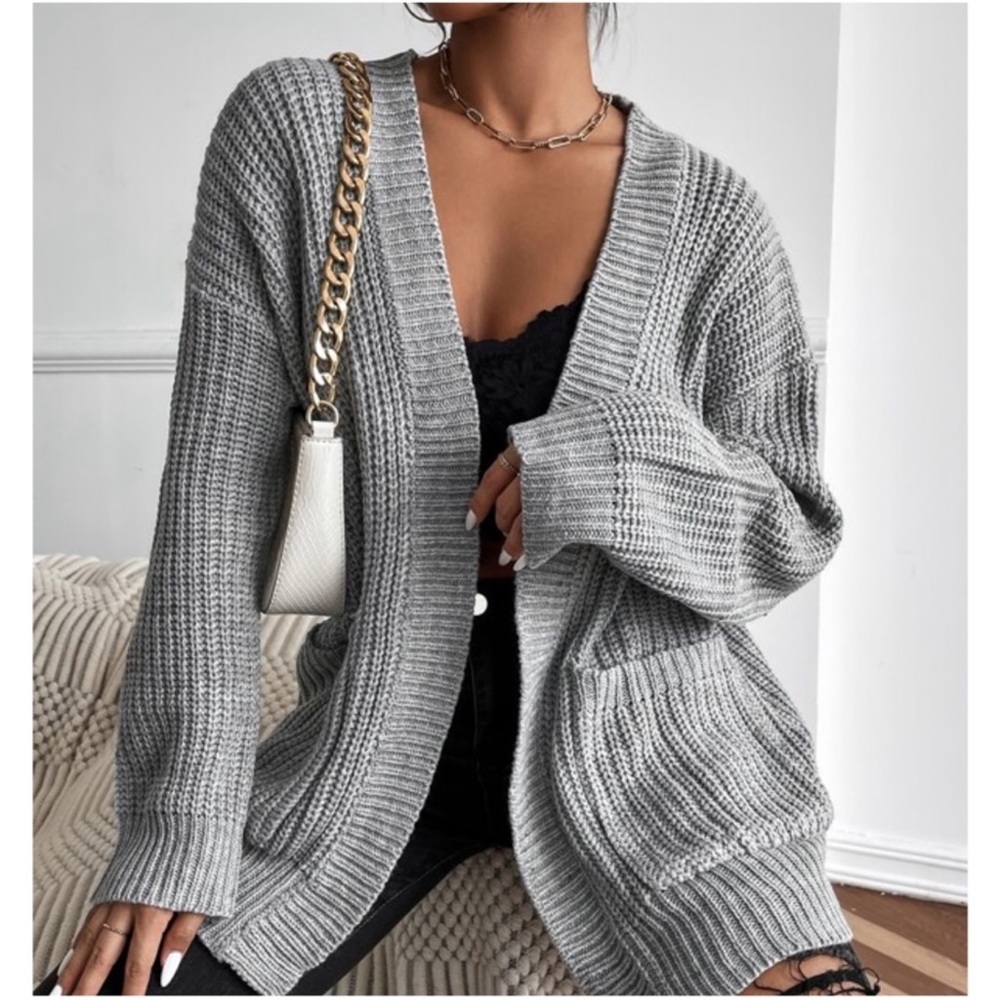 Grey Cozy Chunky Knit Open Front Cardigan XS S M L XL